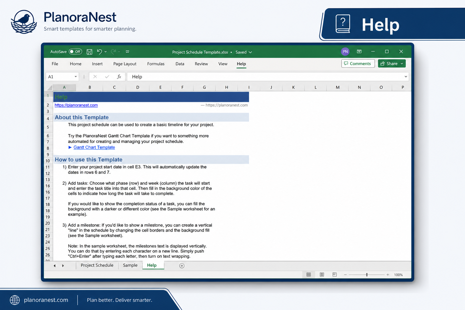 simple project schedule excel template screenshot — PlanoraNest Excel template