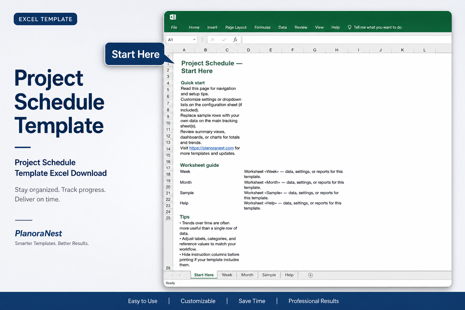 excel project management schedule template start here screenshot — PlanoraNest Excel template