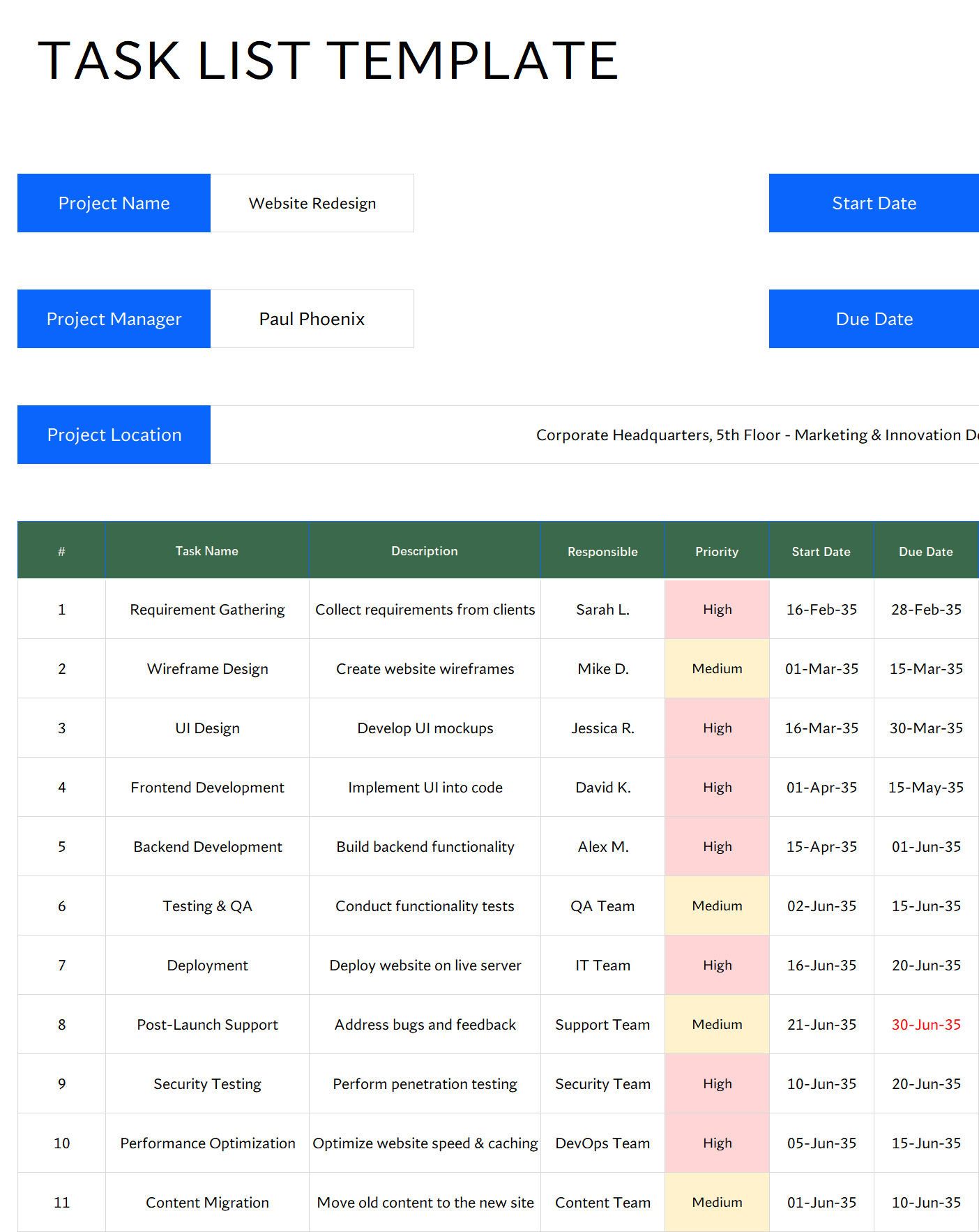 project task list template excel screenshot — PlanoraNest Excel template