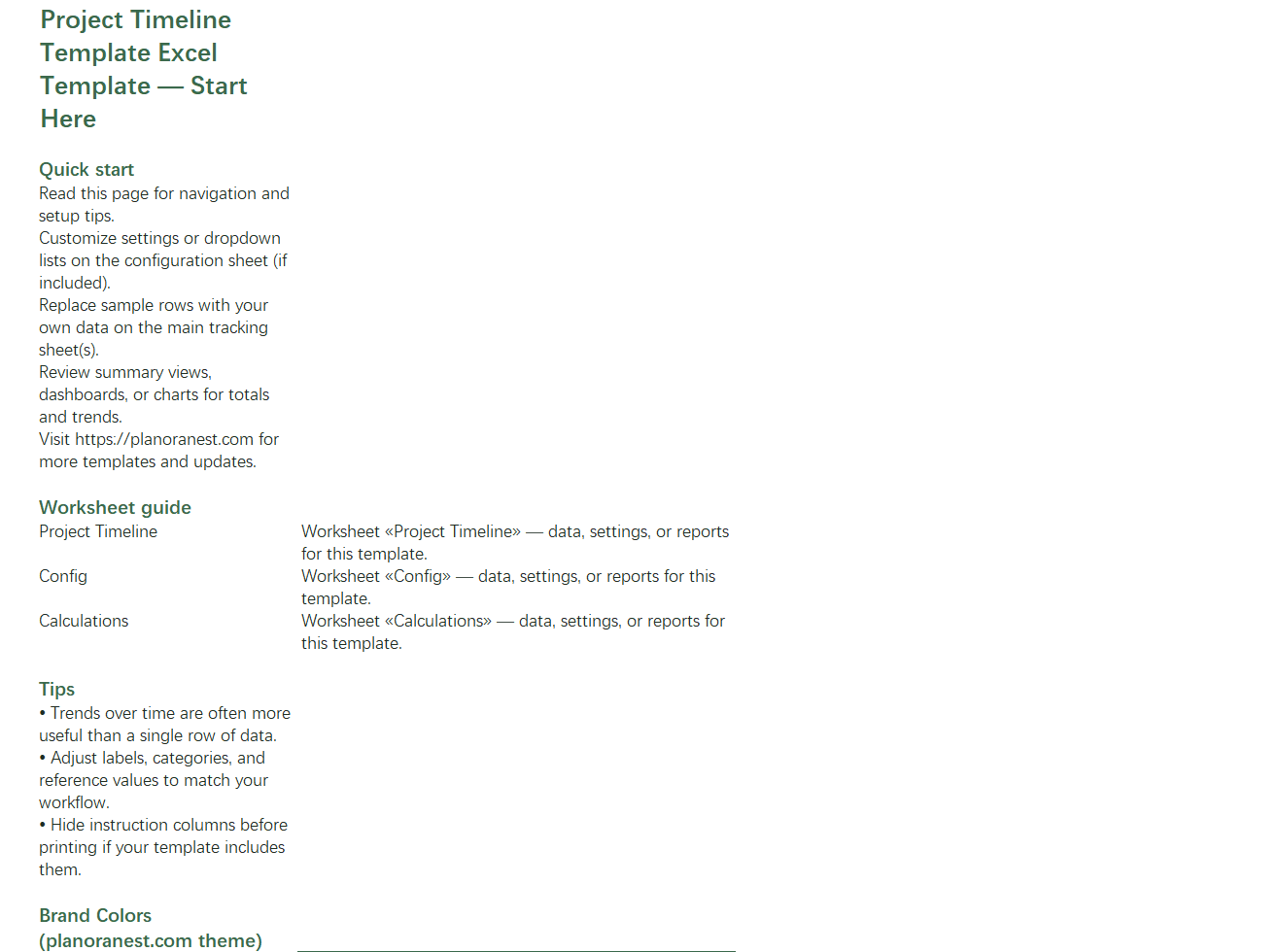 project timeline template excel start here screenshot — PlanoraNest Excel template