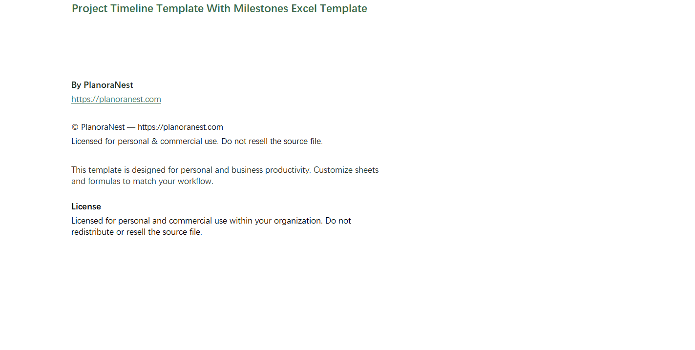 project timeline template with milestones excel screenshot — PlanoraNest Excel template