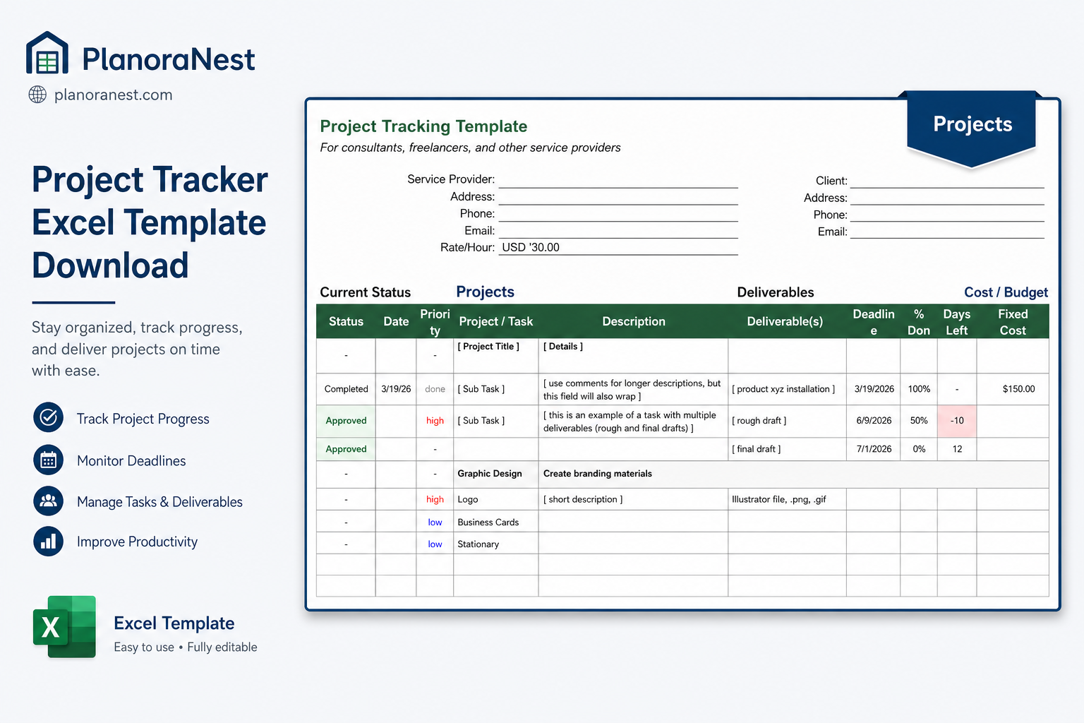 project tracking excel template download screenshot — PlanoraNest Excel template