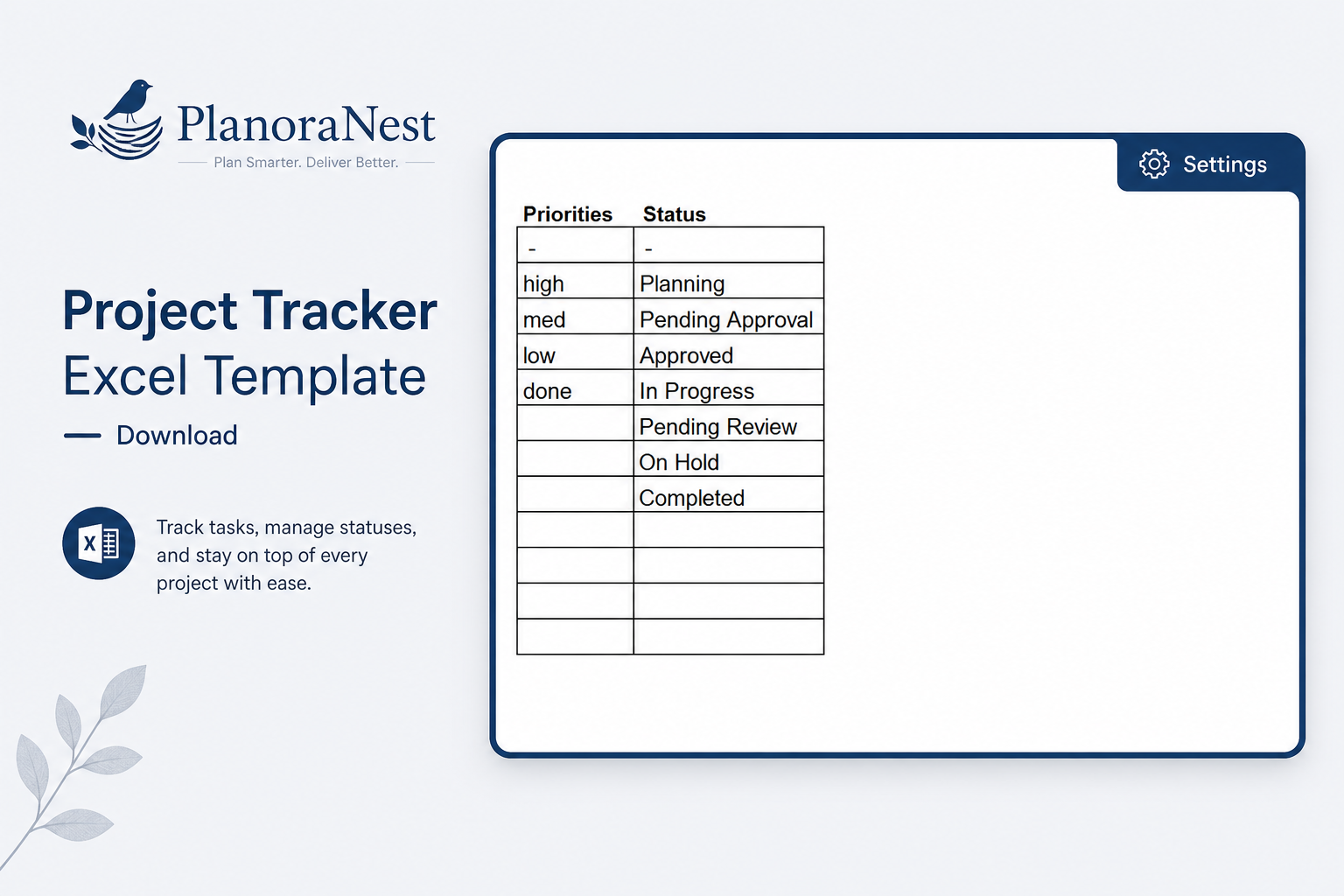 excel project tracker template download screenshot — PlanoraNest Excel template