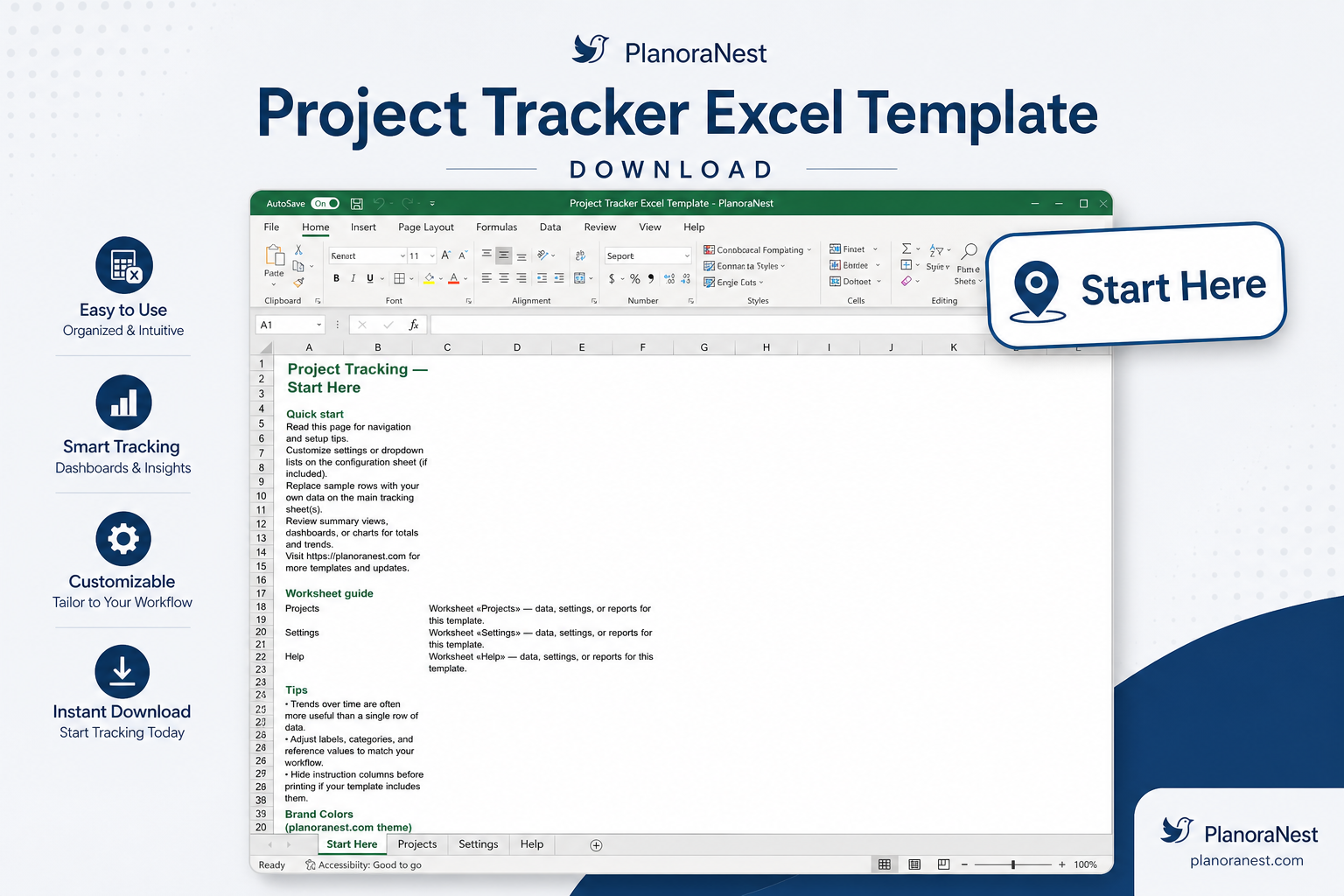 project tracker template excel download start here screenshot — PlanoraNest Excel template