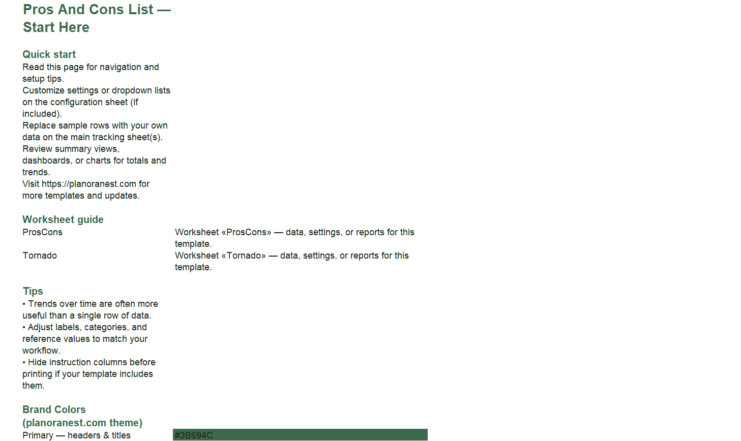 pros and cons list excel template start here screenshot — PlanoraNest Excel template