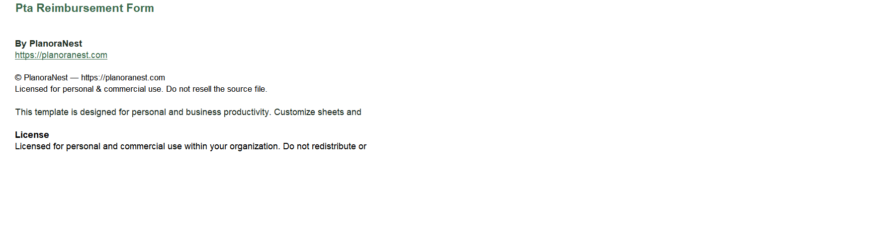 pta reimbursement form excel template — Reimbursement Form sheet