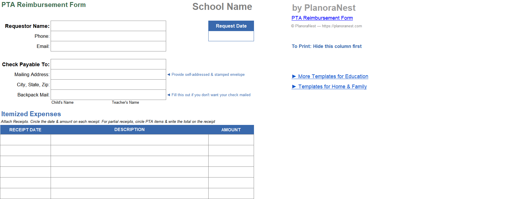 pta reimbursement form excel screenshot — PlanoraNest Excel template