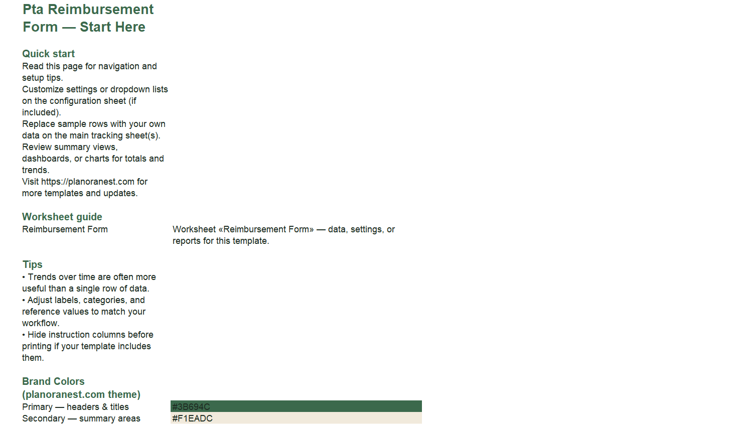 pta reimbursement form excel template — Start Here sheet