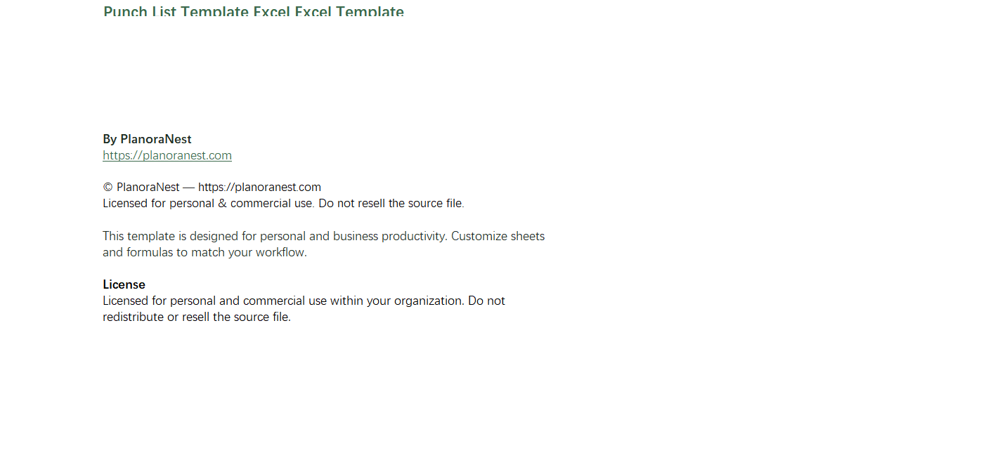 punch list template excel excel screenshot — PlanoraNest Excel template
