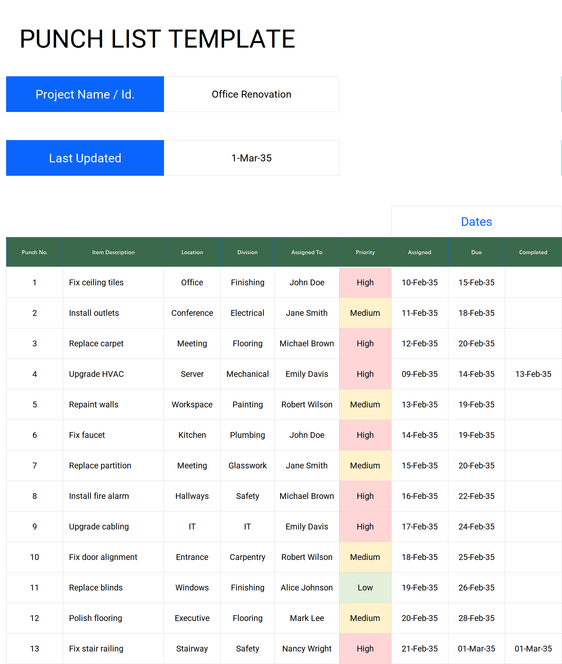 punch list template excel excel screenshot — PlanoraNest Excel template
