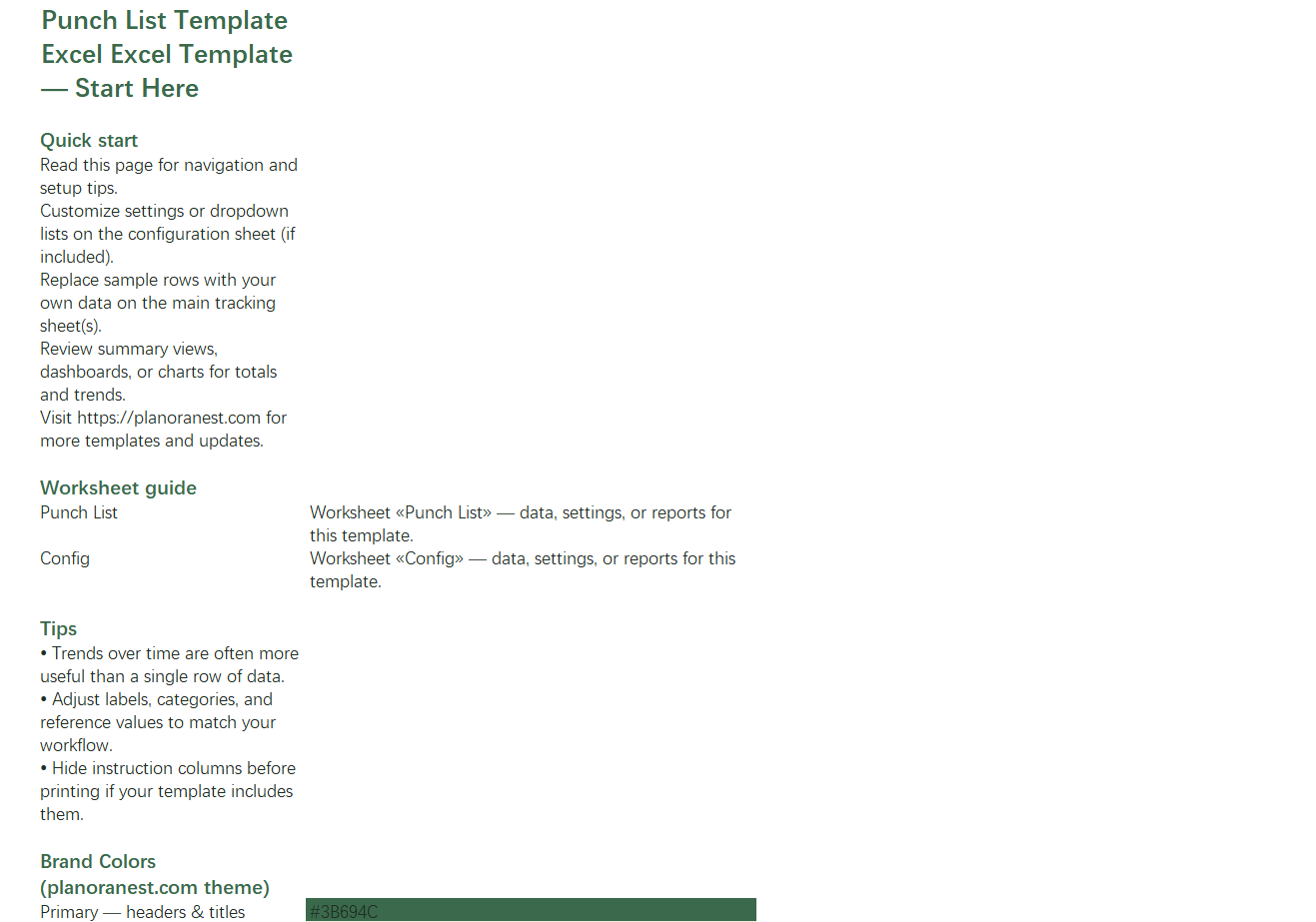 excel punch list template excel template start here screenshot — PlanoraNest Excel template