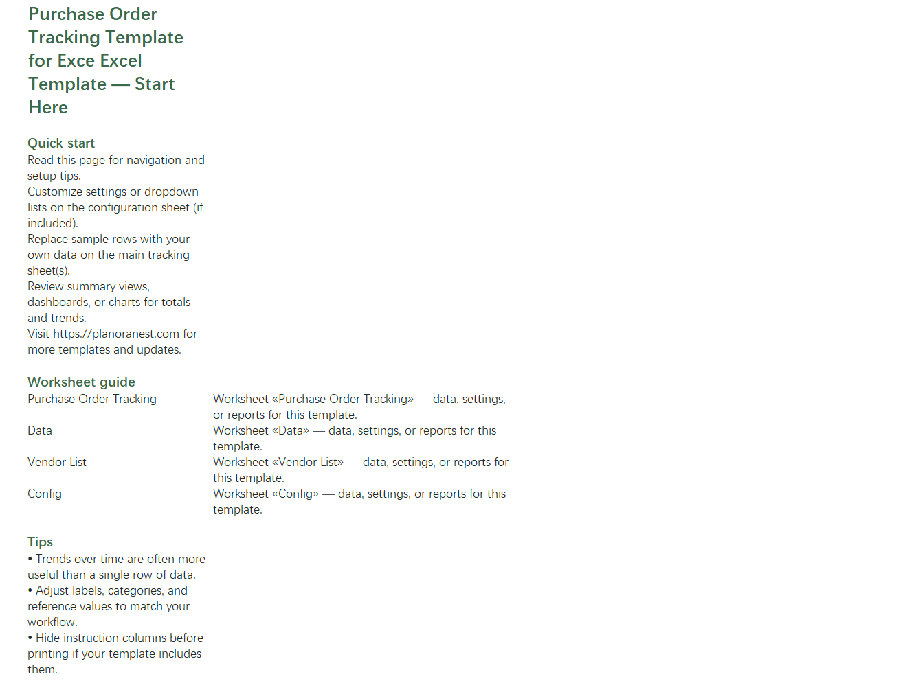 purchase order tracking template for exce excel template start here screenshot — PlanoraNest Excel template