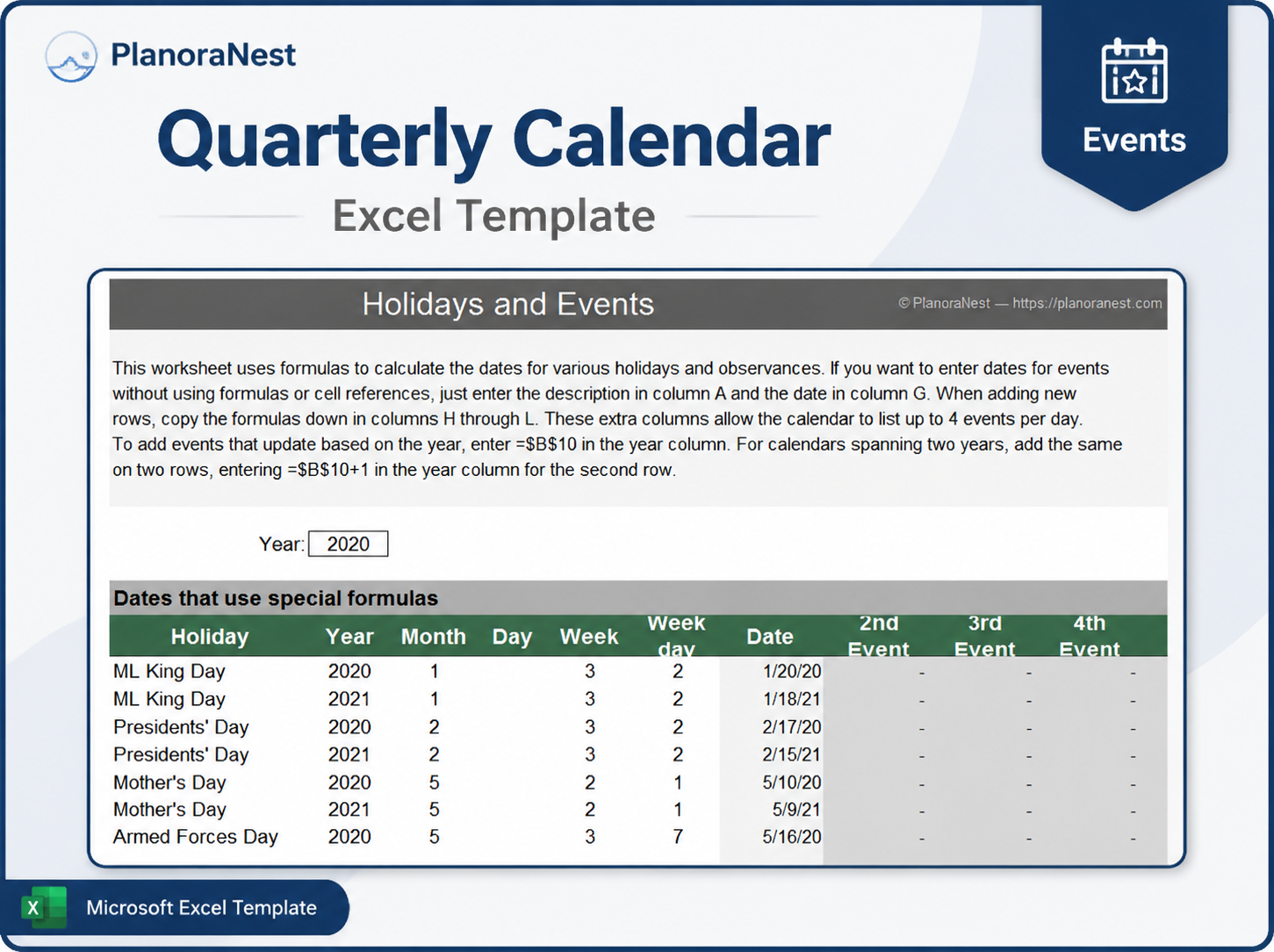 quarterly calendar template excel screenshot — PlanoraNest Excel template