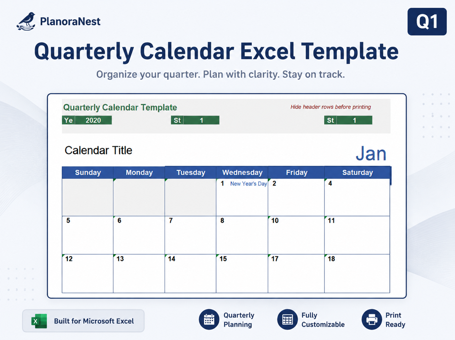 excel quarterly calendar template screenshot — PlanoraNest Excel template