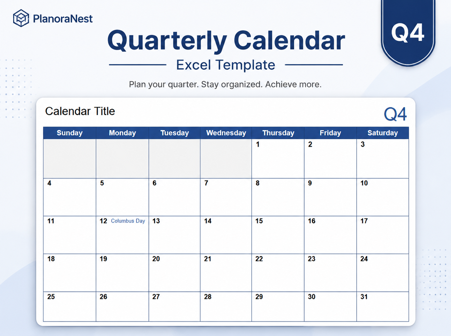 2017 quarterly calendar template excel screenshot — PlanoraNest Excel template