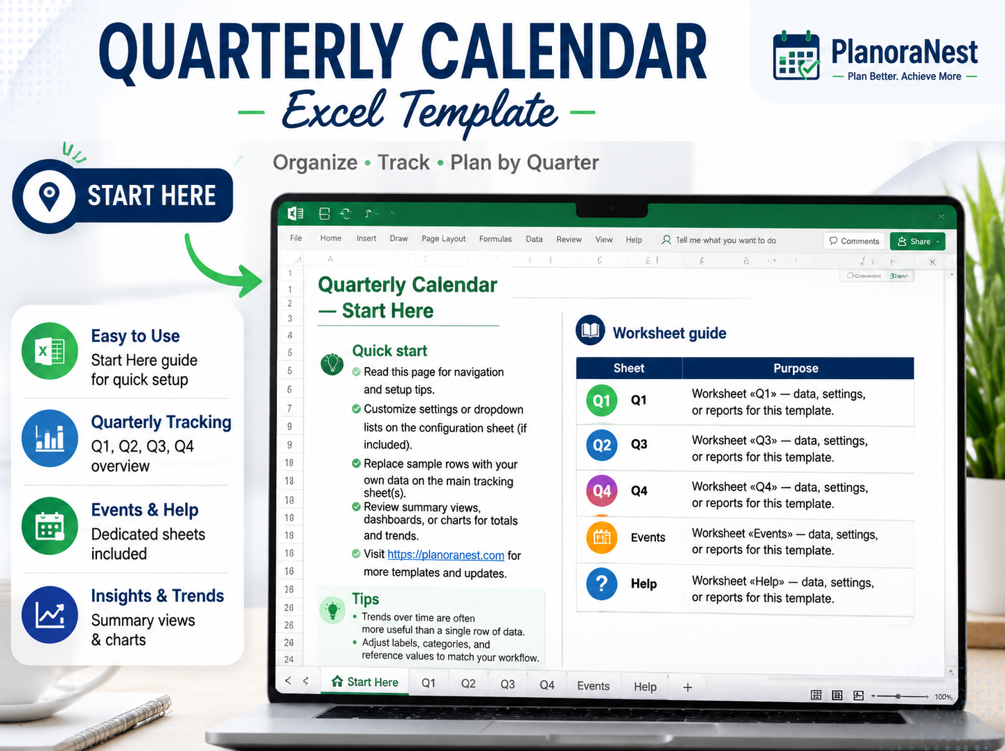 2018 quarterly calendar template excel start here screenshot — PlanoraNest Excel template