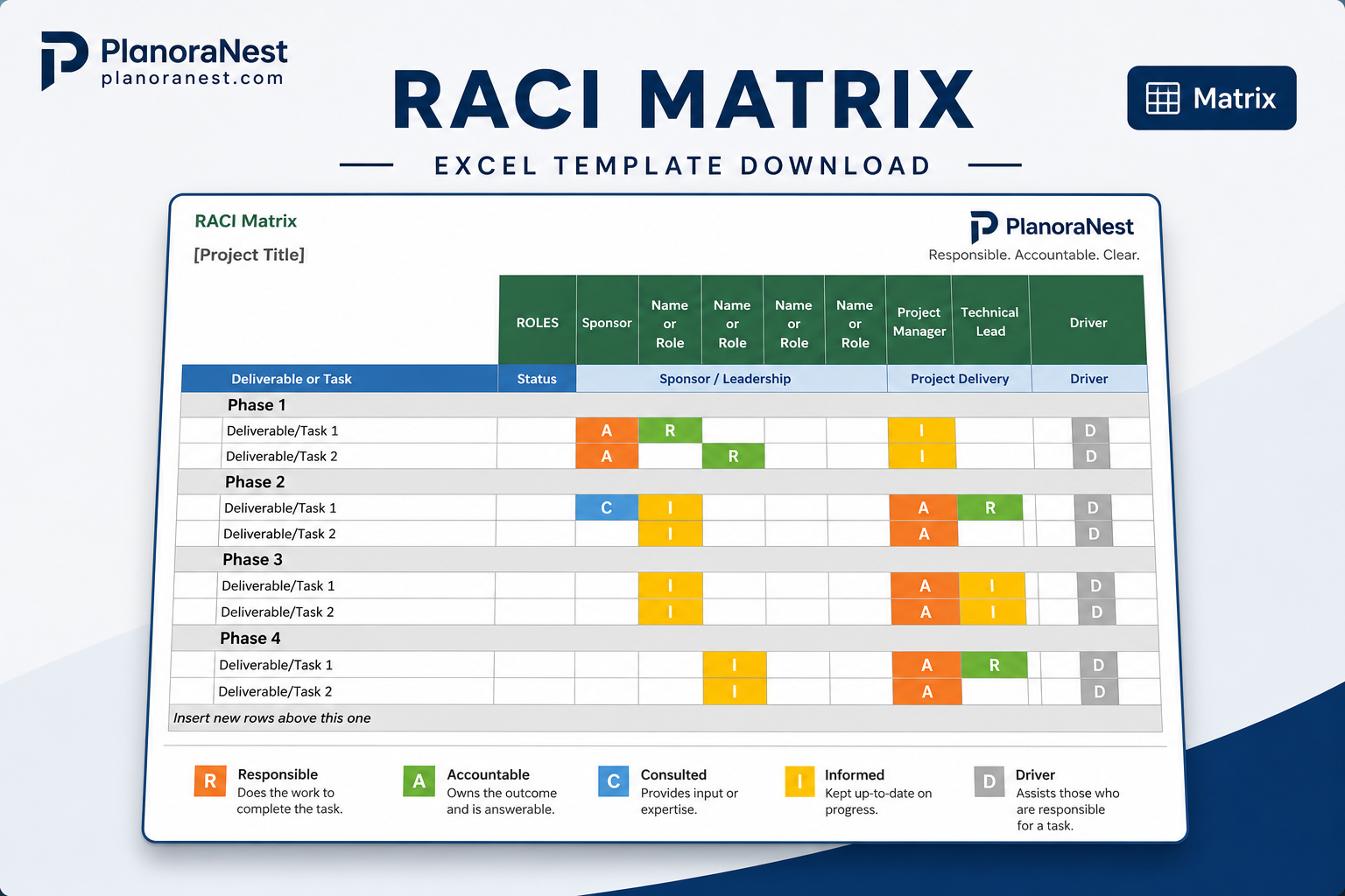 excel spreadsheet raci matrix template screenshot — PlanoraNest Excel template
