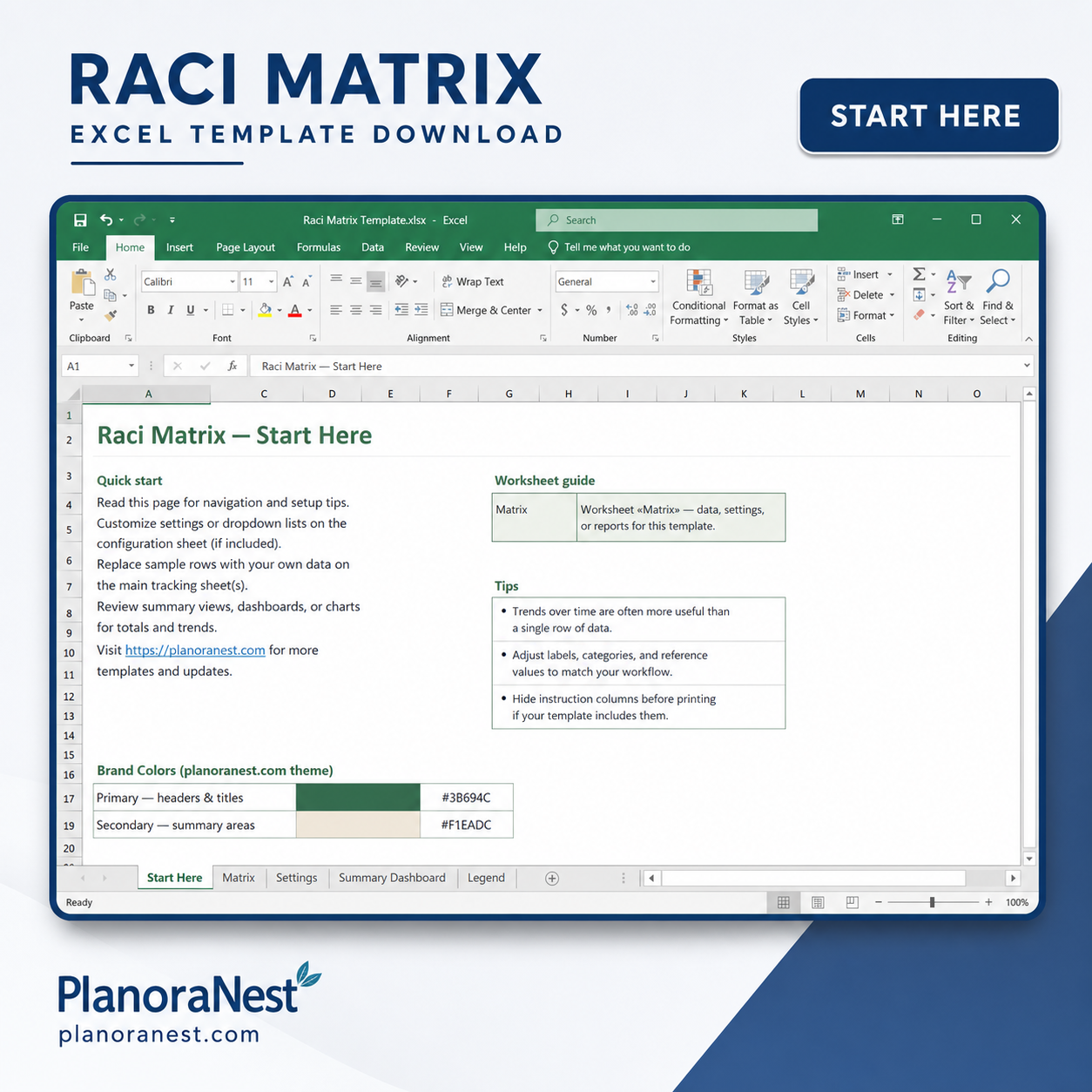 raci matrix excel start here screenshot — PlanoraNest Excel template