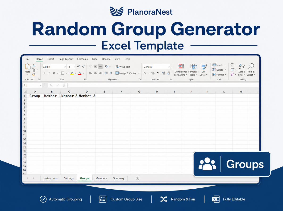 random group generator excel template — Groups sheet