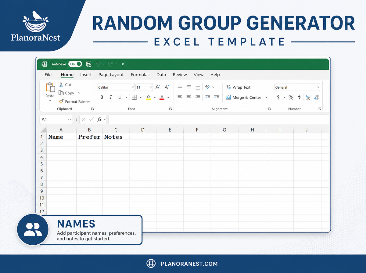 random group generator excel template — Names sheet