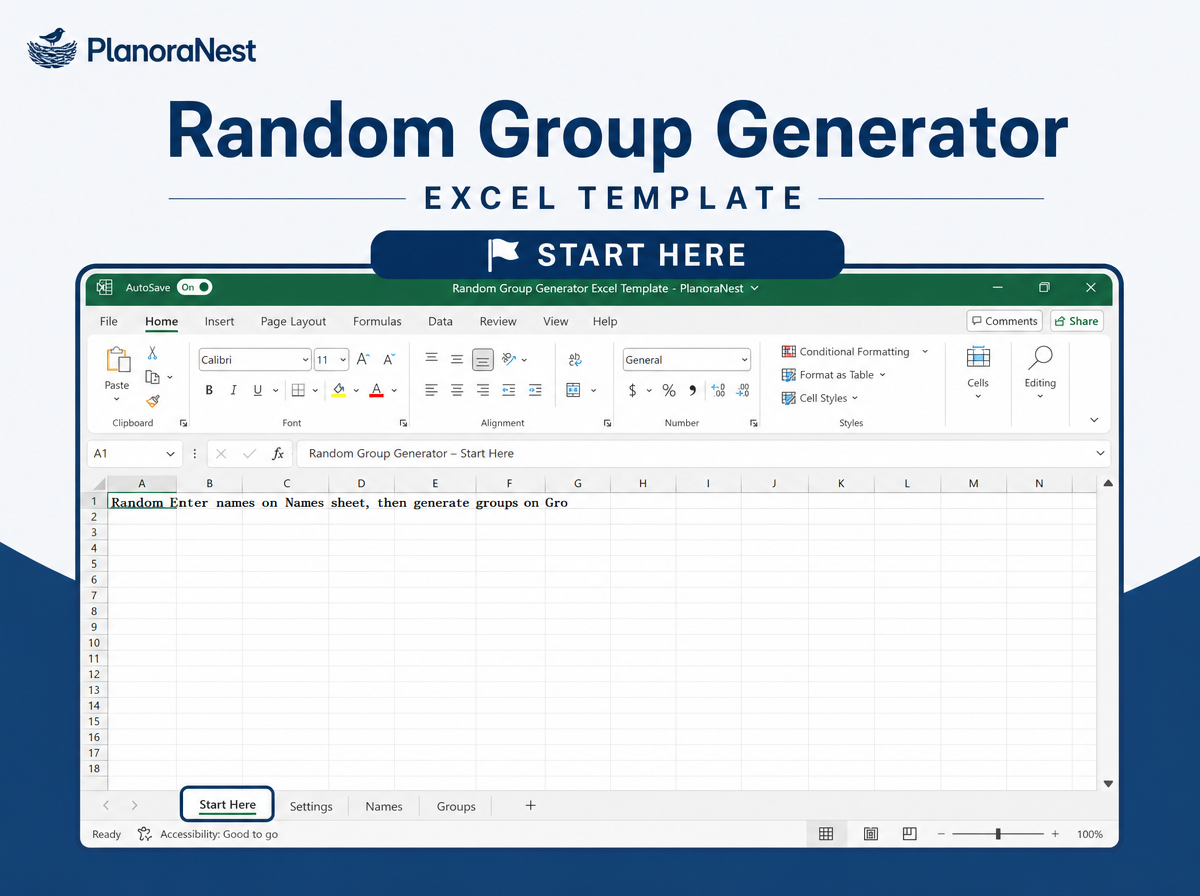 random group generator excel template — Start Here sheet