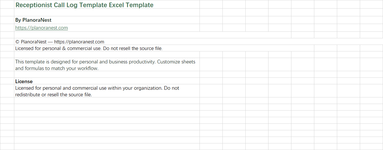 receptionist call log template excel screenshot — PlanoraNest Excel template