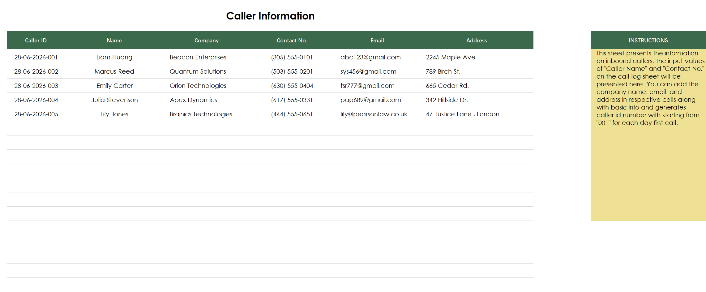 excel receptionist call log template template screenshot — PlanoraNest Excel template