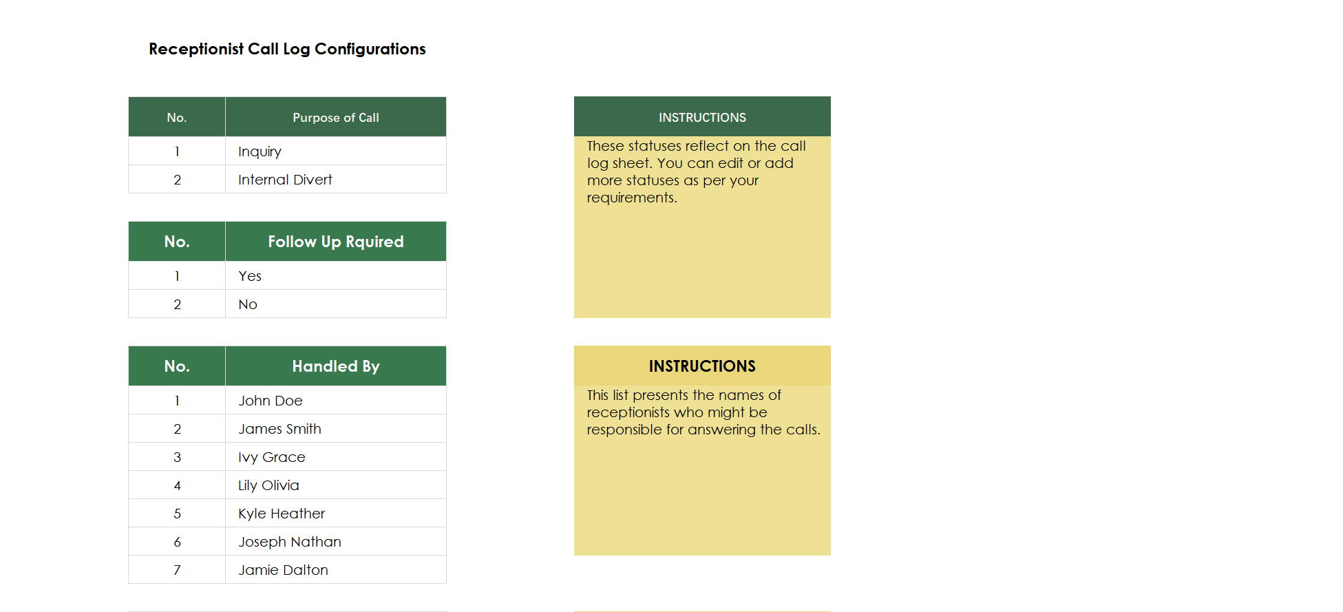 receptionist call log template excel screenshot — PlanoraNest Excel template