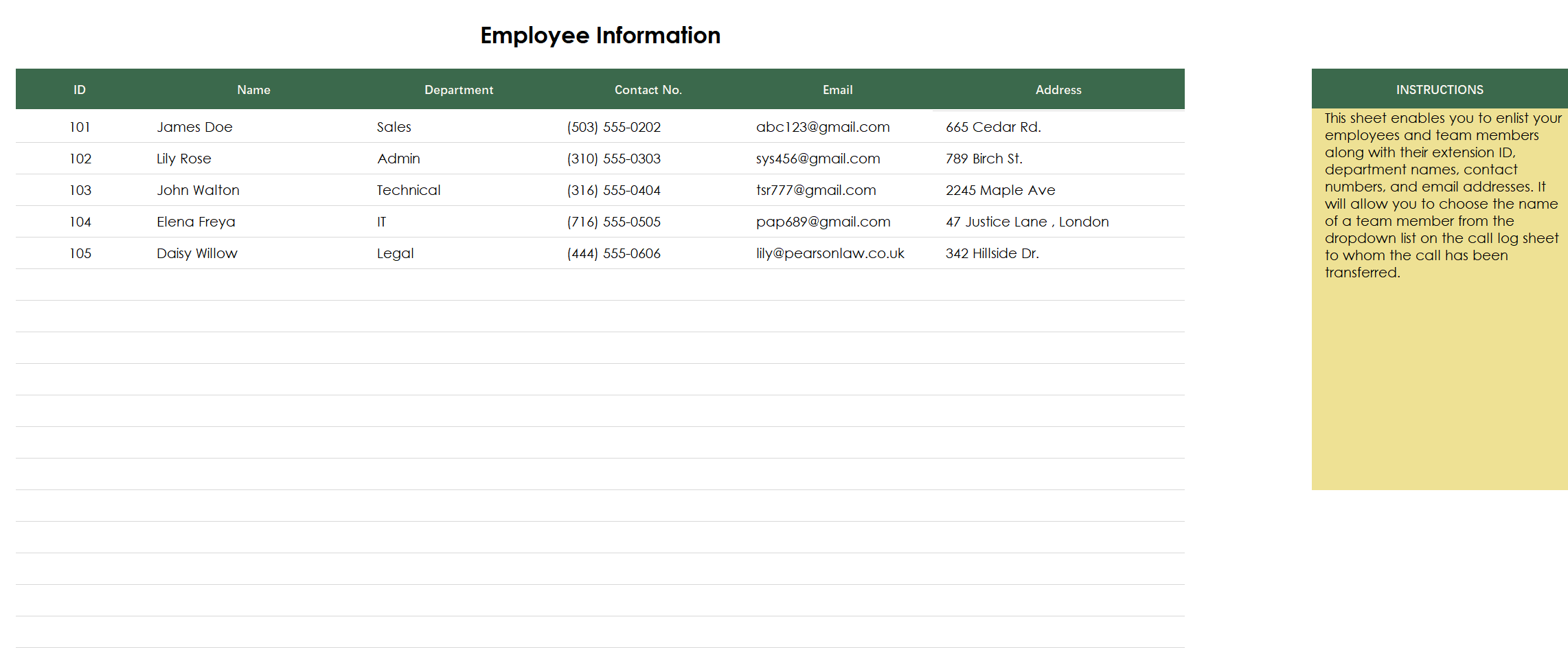 excel receptionist call log template template screenshot — PlanoraNest Excel template