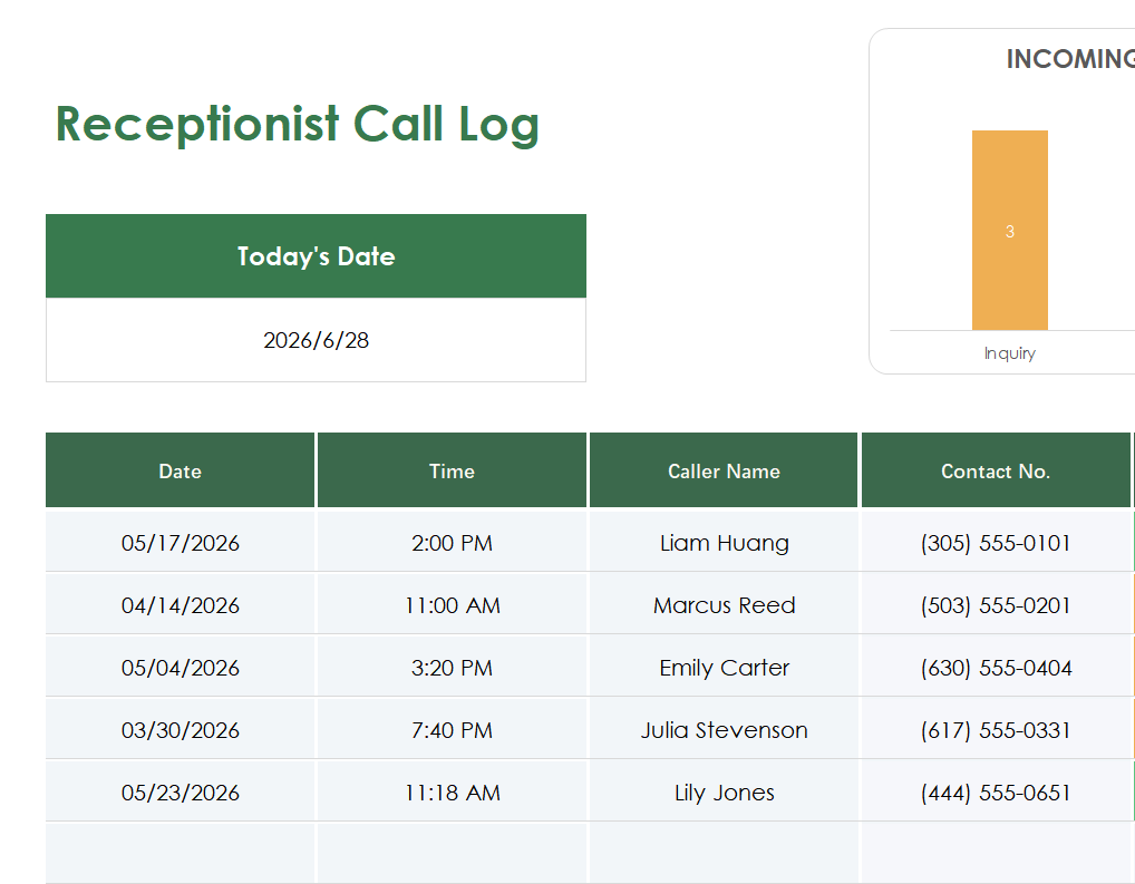 receptionist call log template excel screenshot — PlanoraNest Excel template