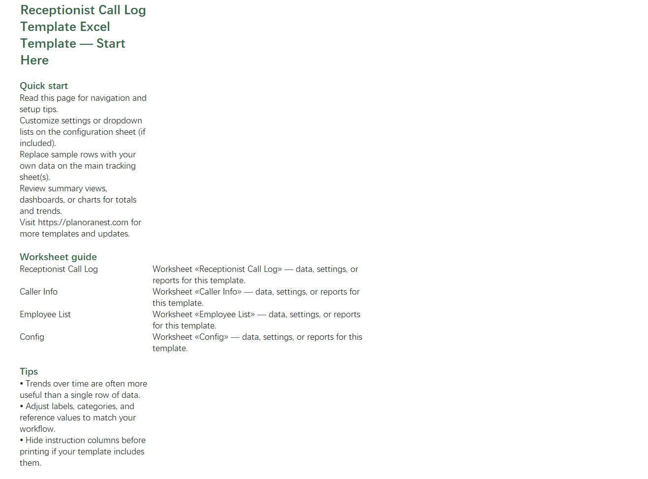 excel receptionist call log template template start here screenshot — PlanoraNest Excel template