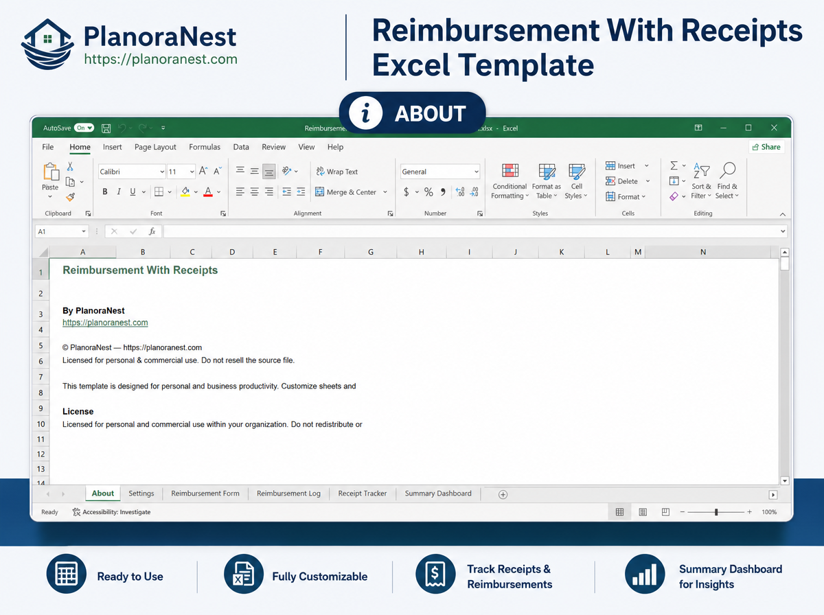 reimbursement with receipts excel template — About sheet