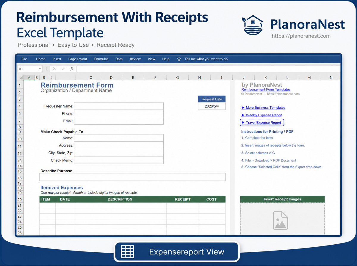reimbursement with receipts excel template — ExpenseReport sheet