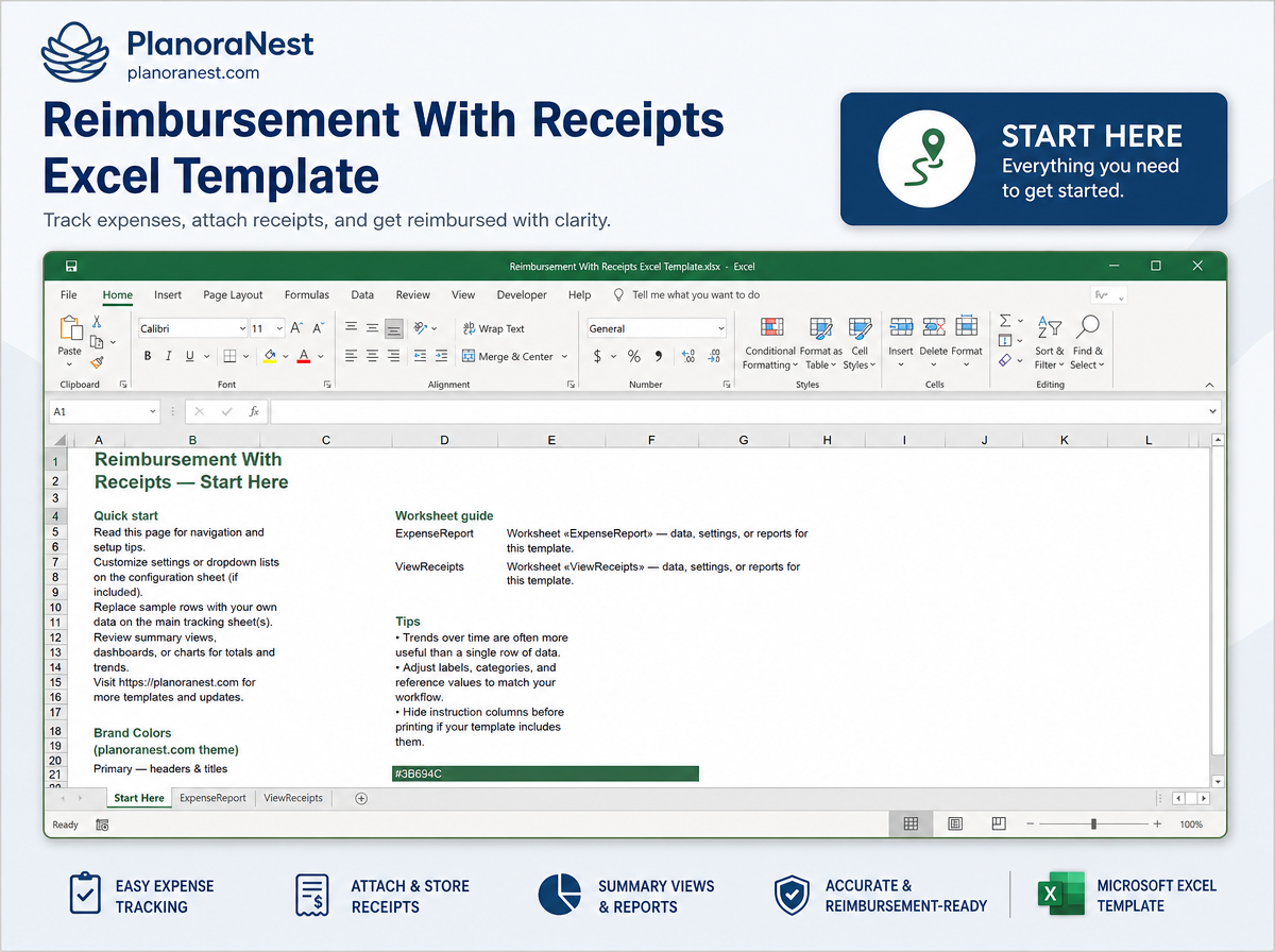 reimbursement with receipts excel template — Start Here sheet