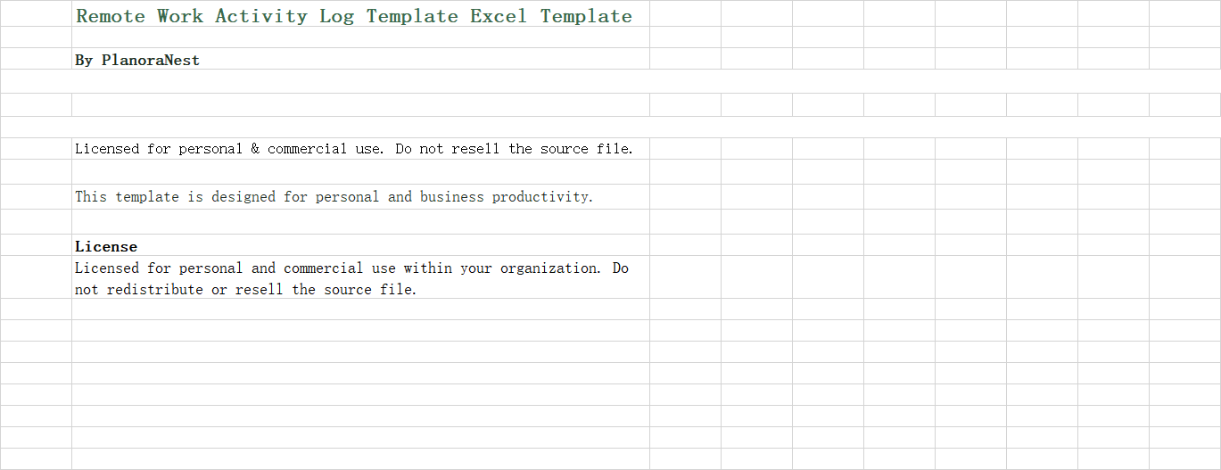 remote work activity log template excel screenshot — PlanoraNest Excel template