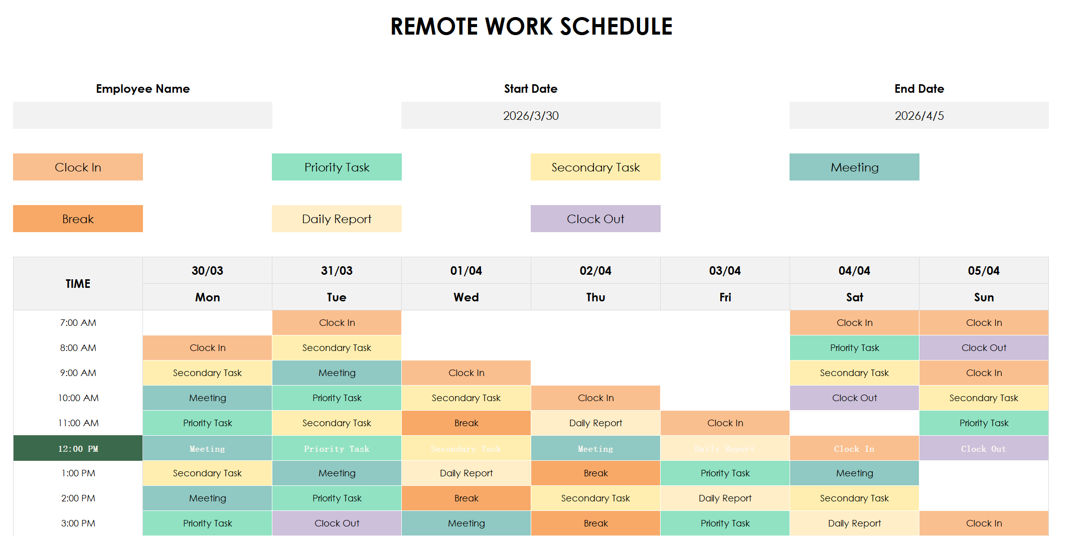 excel remote work activity log template template screenshot — PlanoraNest Excel template