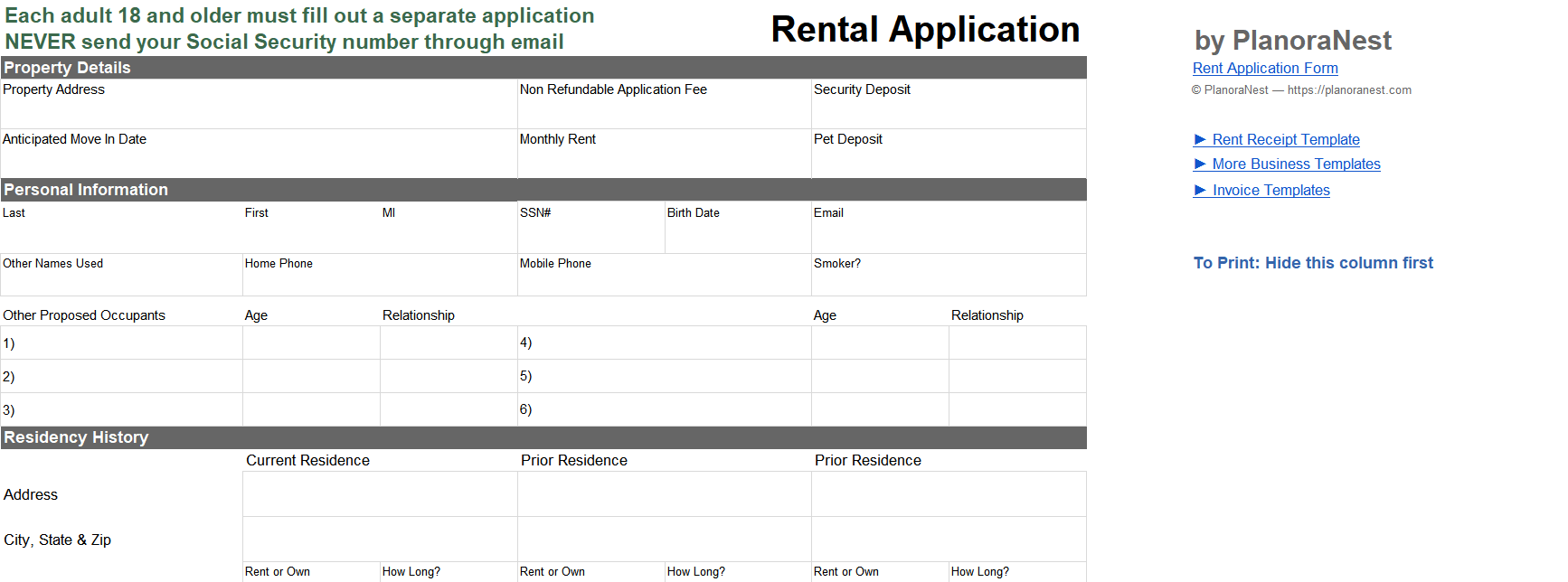 rental application form excel screenshot — PlanoraNest Excel template