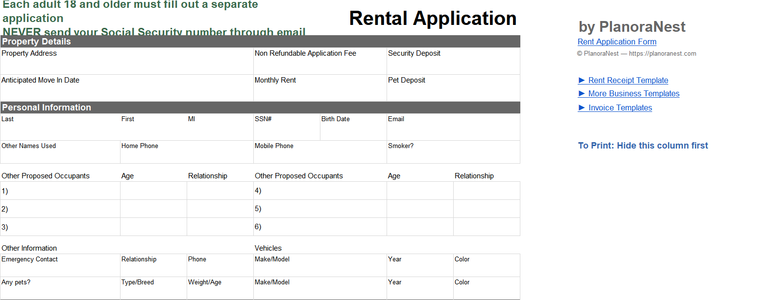 rental application form excel template — Detailed Application sheet