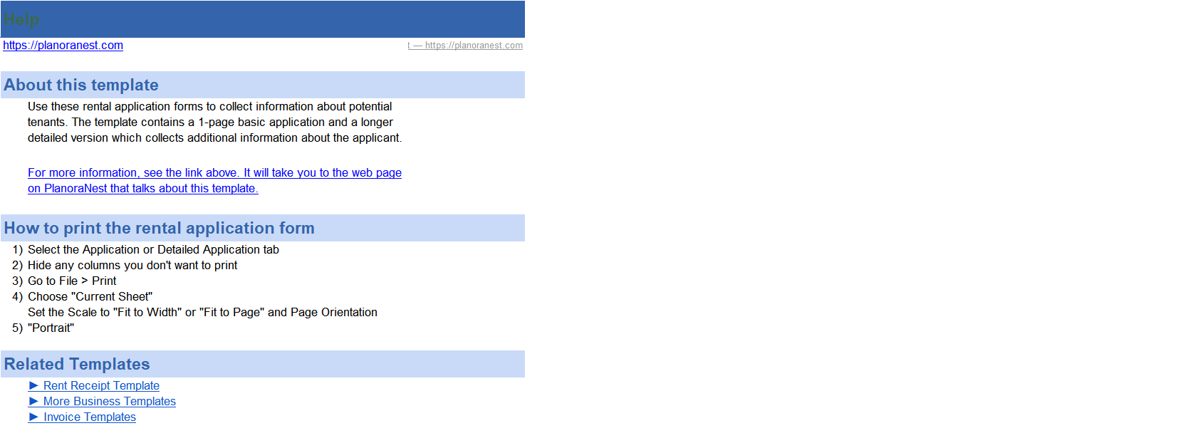 rental application form excel template — Help sheet