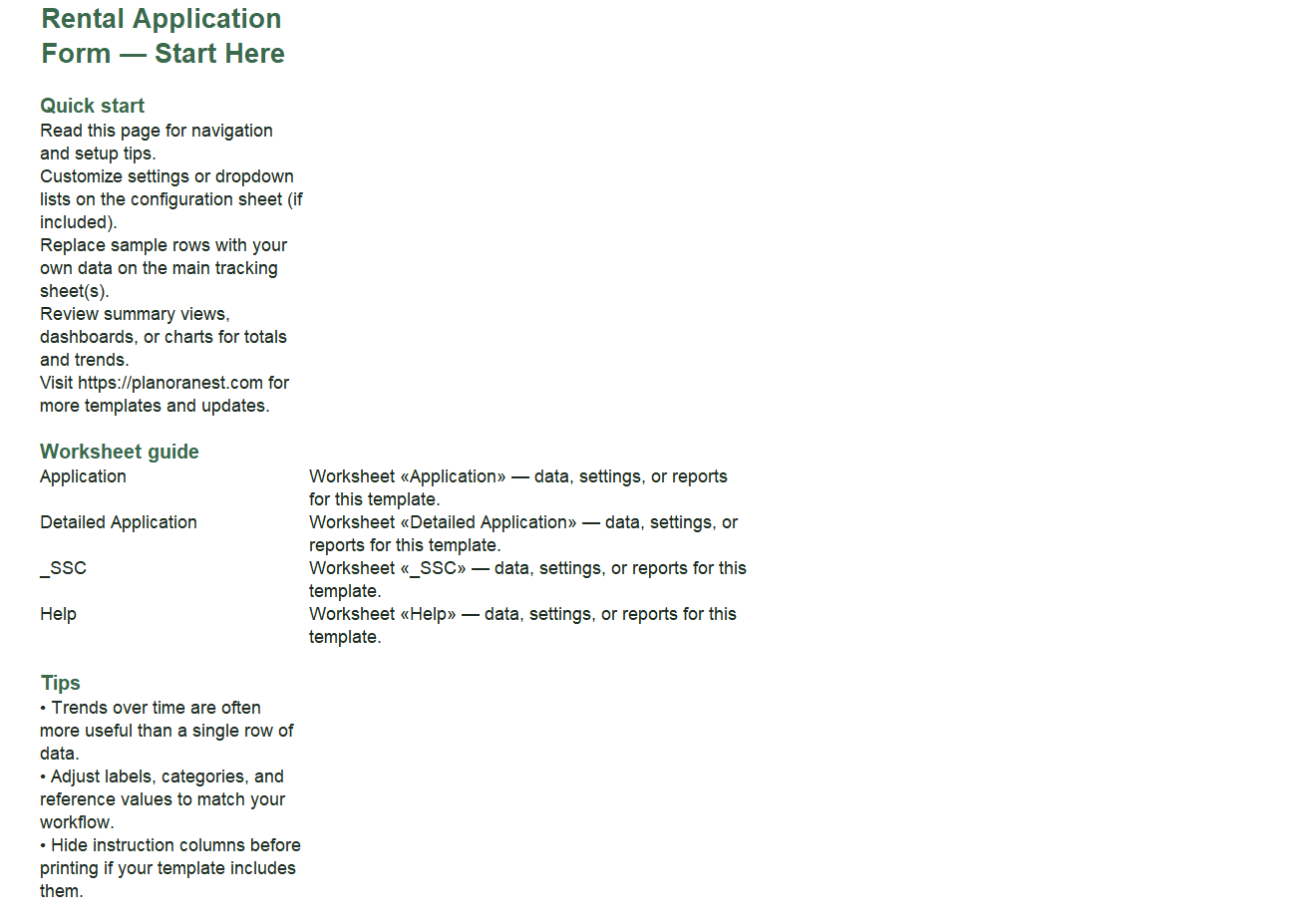 rental application form excel template — Start Here sheet