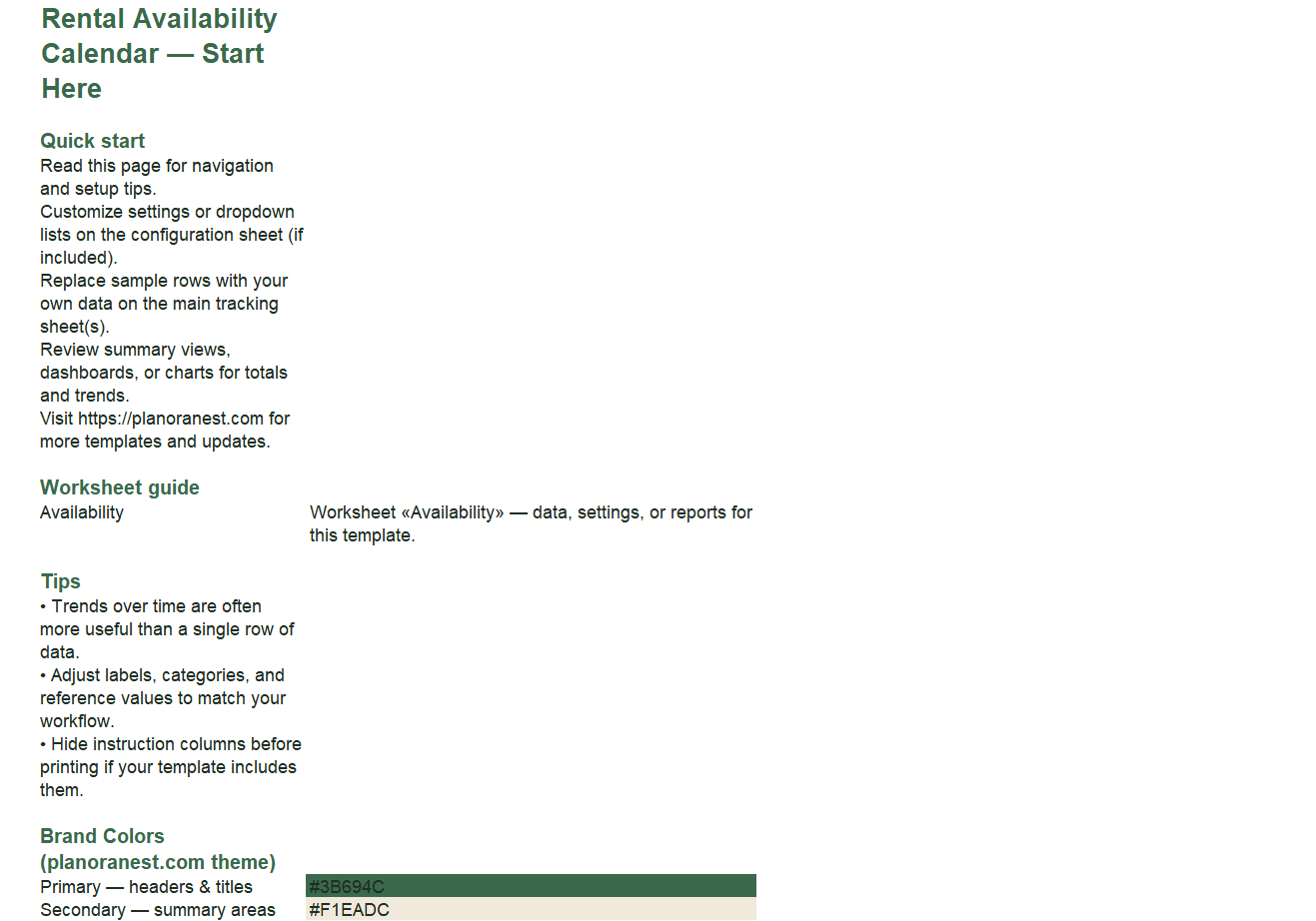 excel rental availability calendar template start here screenshot — PlanoraNest Excel template