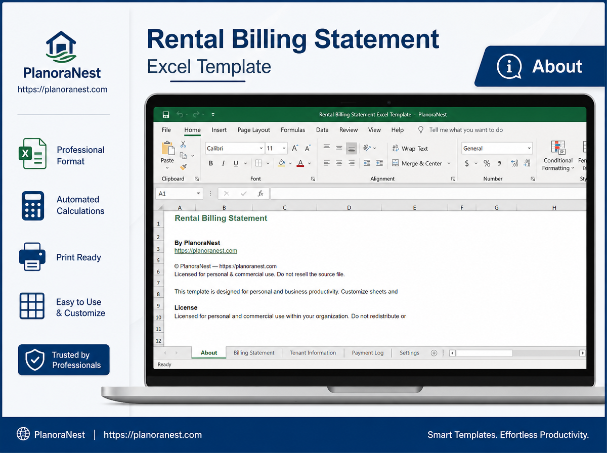excel rental billing statement template screenshot — PlanoraNest Excel template