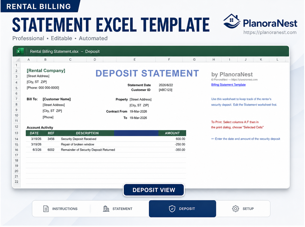 rental billing statement excel screenshot — PlanoraNest Excel template