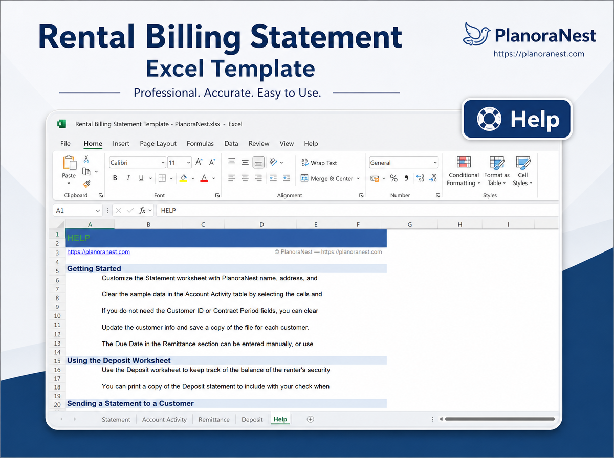 excel rental billing statement template screenshot — PlanoraNest Excel template