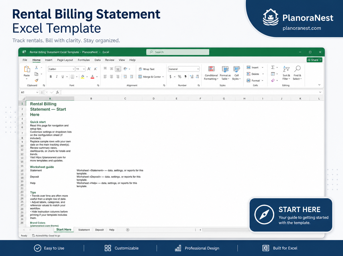 rental billing statement excel start here screenshot — PlanoraNest Excel template