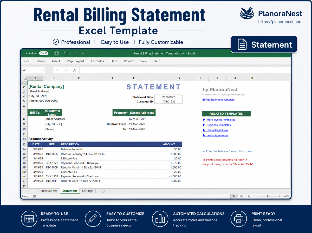 excel rental billing statement template screenshot — PlanoraNest Excel template