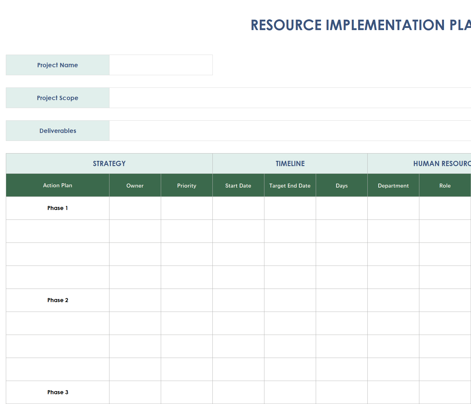 resource implementation plan template excel screenshot — PlanoraNest Excel template