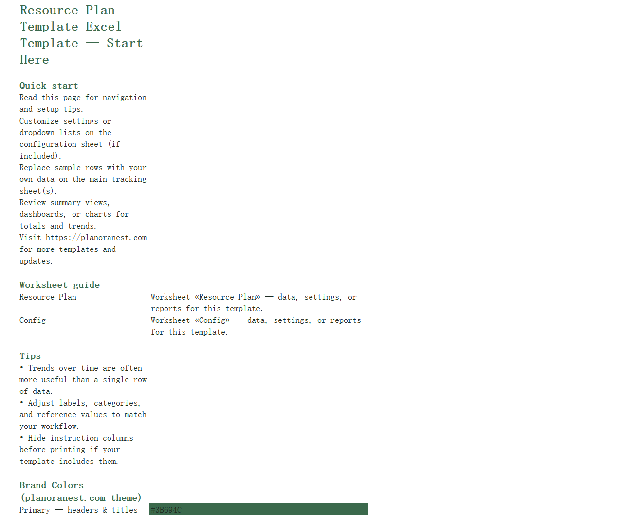 excel resource plan template template start here screenshot — PlanoraNest Excel template