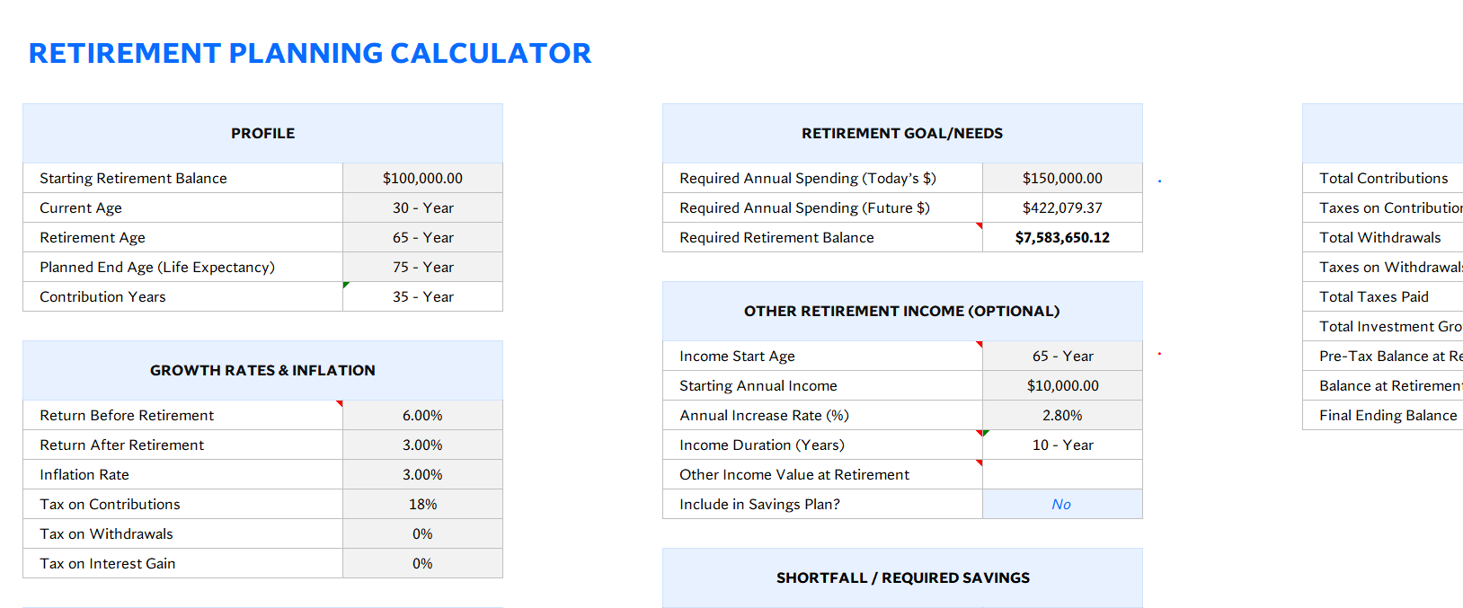 retirement calculator excel screenshot — PlanoraNest Excel template