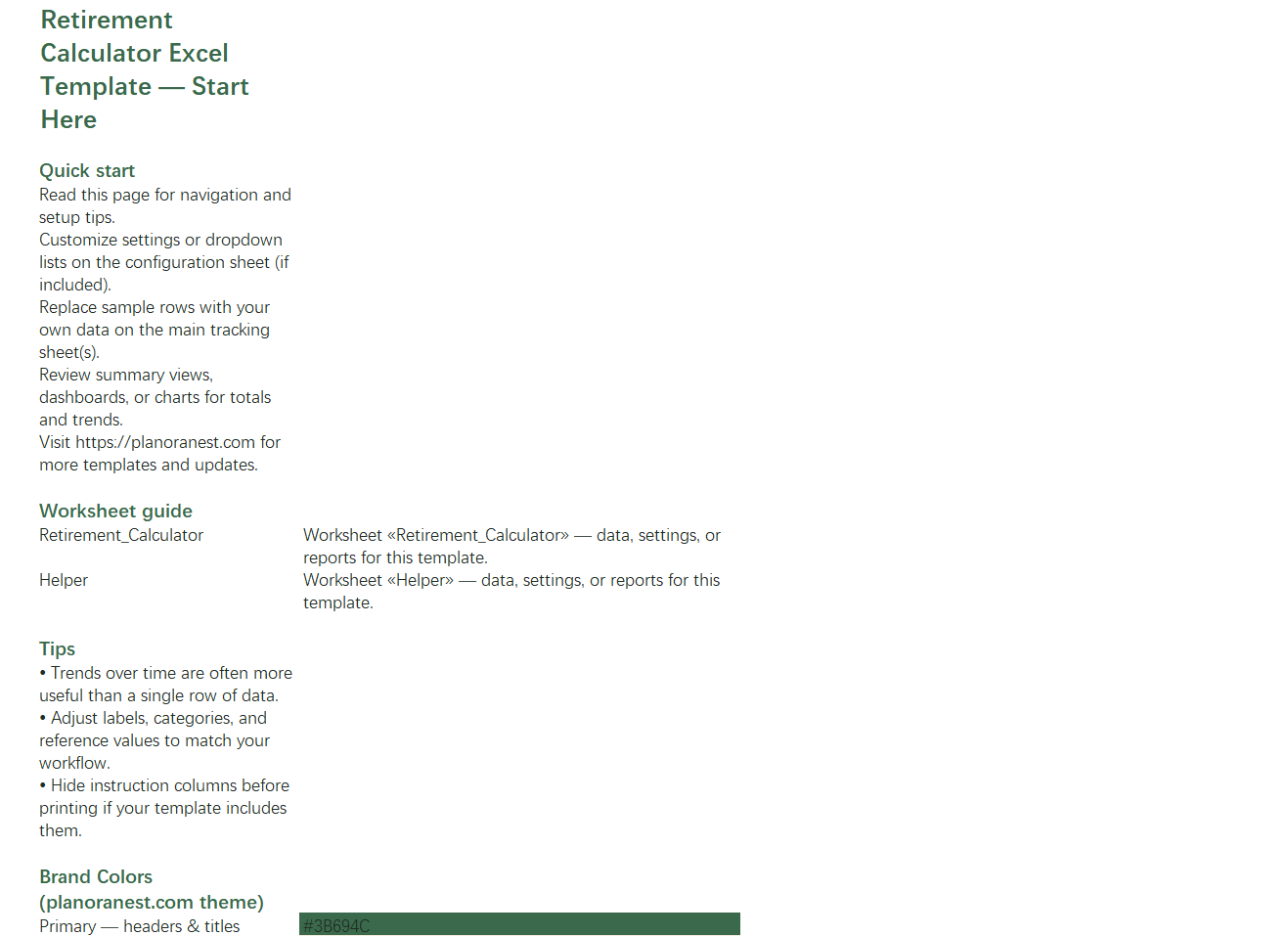 excel retirement calculator template start here screenshot — PlanoraNest Excel template